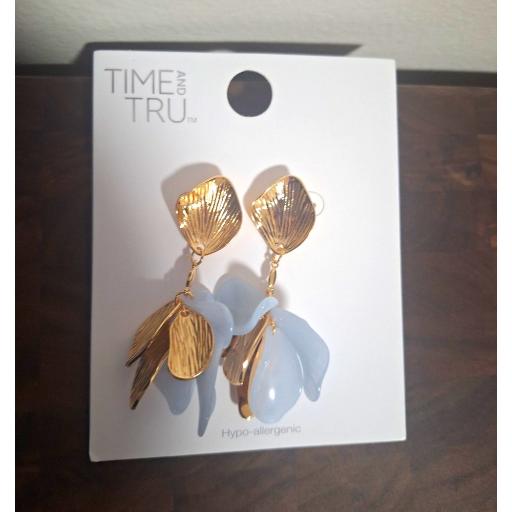 Time and Tru Blue Flower Metal Leaf Drop Dangle Earrings Hypoallergenic NWT